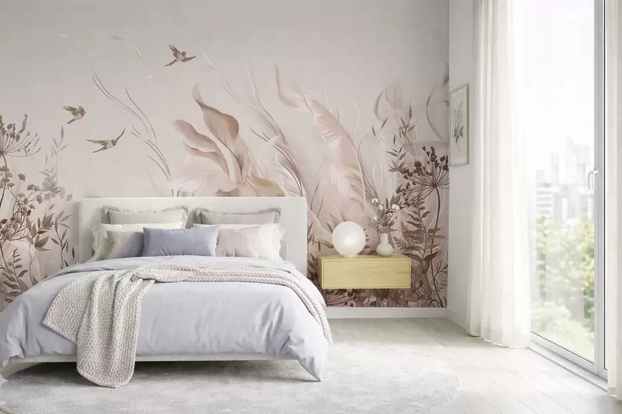 murales de pared Plumas suaves, hierbas y pájaros en tonos claros w05395