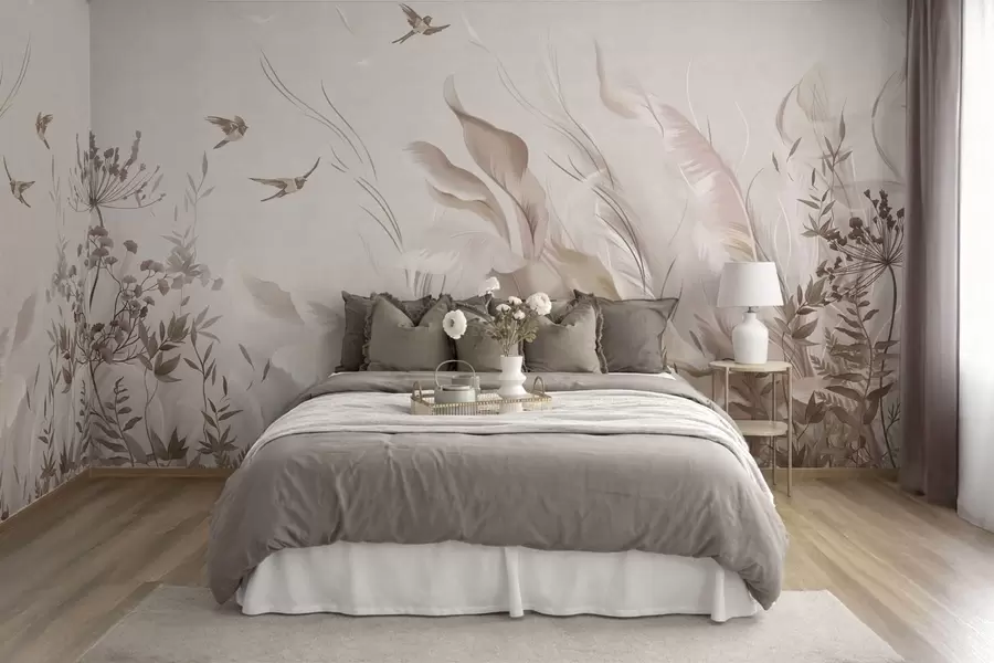 murales de pared Plumas suaves, hierbas y pájaros en tonos claros w05395