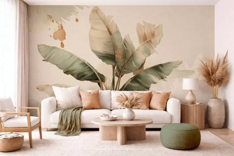 murales de pared un gran y pintoresco racimo de hojas de plátano con toques de estilo retro w05384