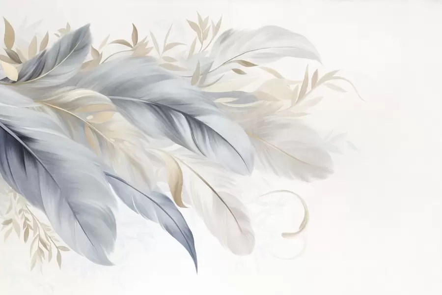 murales de pared Plumas con textura en tonos pastel y delicadas hojas sobre un fondo claro w09763