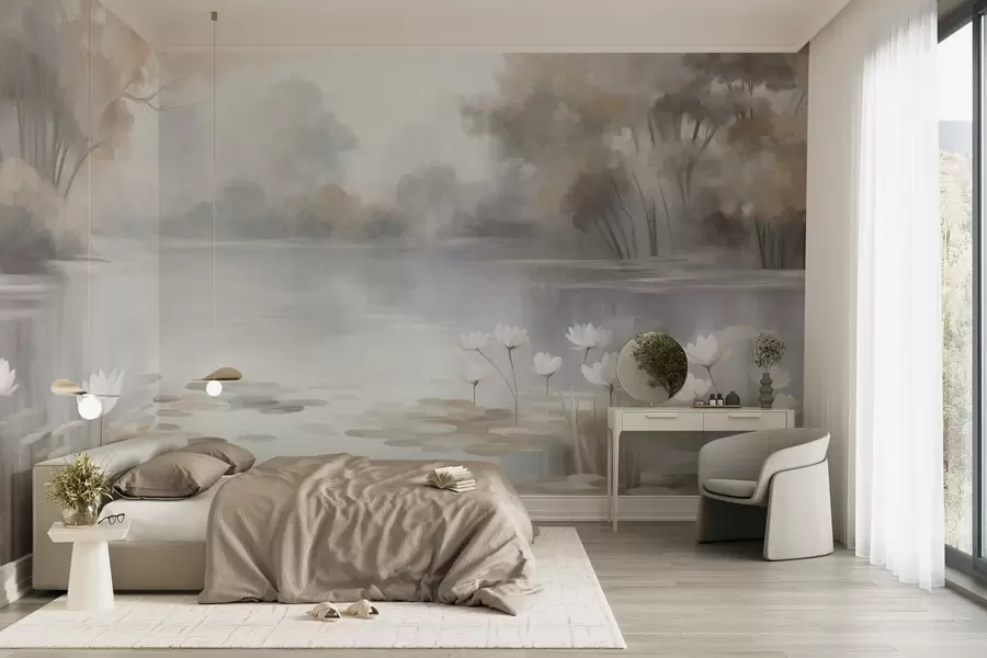 murales de pared Paisaje con relieve, lago con nenúfares blancos, rodeado de árboles de colores tenues w09768