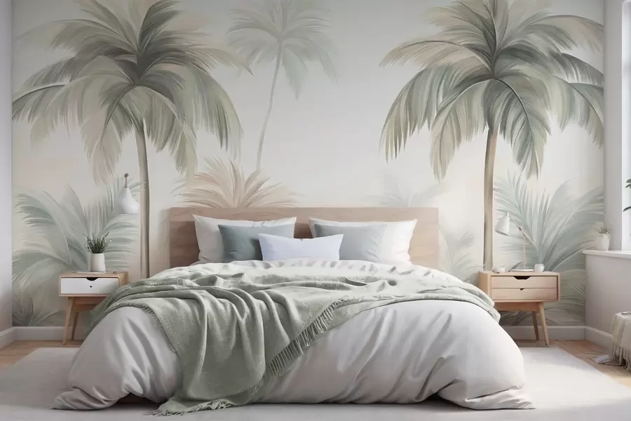 murales de pared Palmeras con hojas de textura rugosa en tonos verdes apagados y beige, recortadas contra un cielo suave w09770
