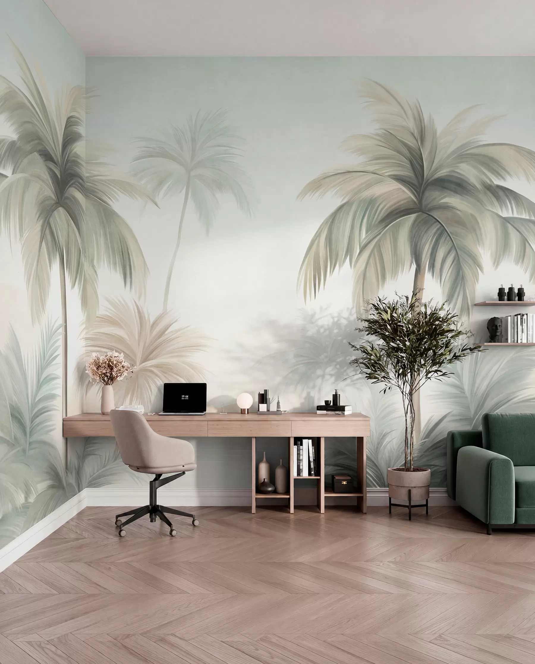 murales de pared Palmeras con hojas de textura rugosa en tonos verdes apagados y beige, recortadas contra un cielo suave w09770
