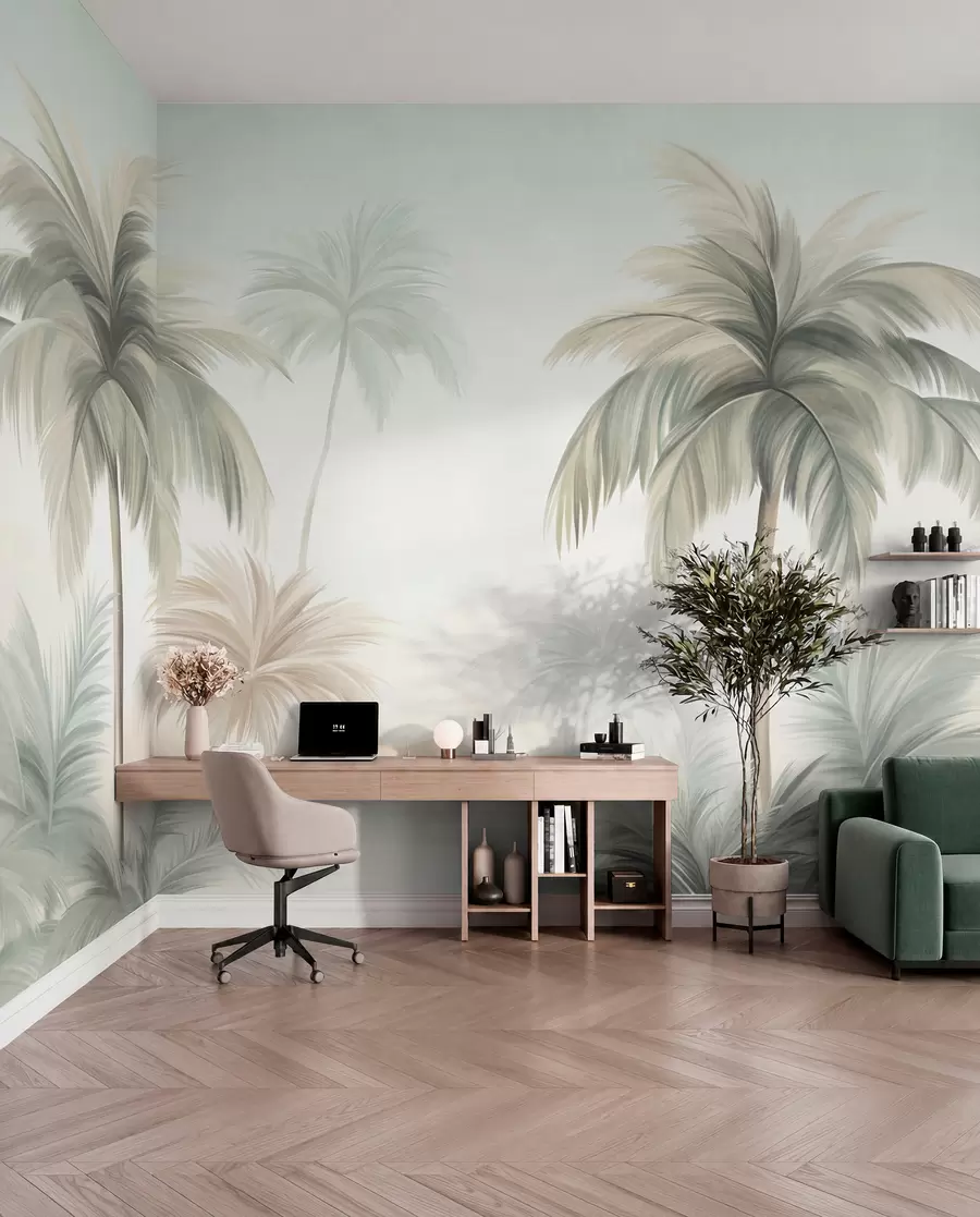murales de pared Palmeras con hojas de textura rugosa en tonos verdes apagados y beige, recortadas contra un cielo suave w09770