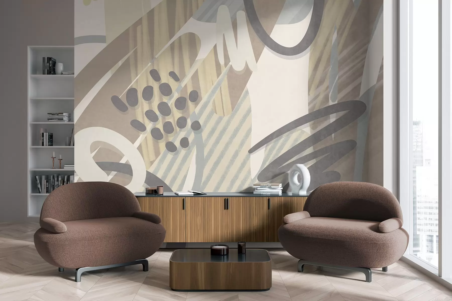 murales de pared Estampado abstracto con texturas, formas orgánicas, garabatos y puntos en tonos pastel apagados w09774