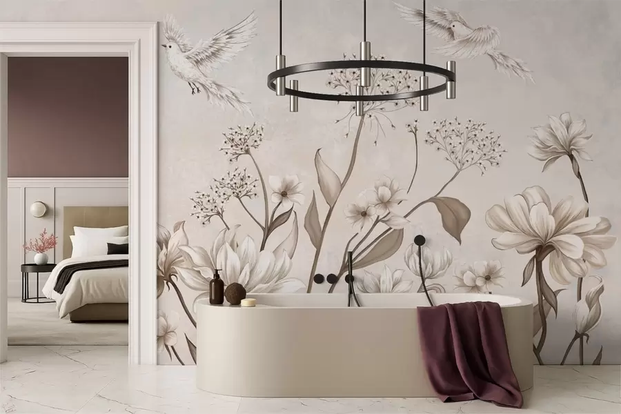 murales de pared Flores claras y pájaros sobre un fondo suave w05118