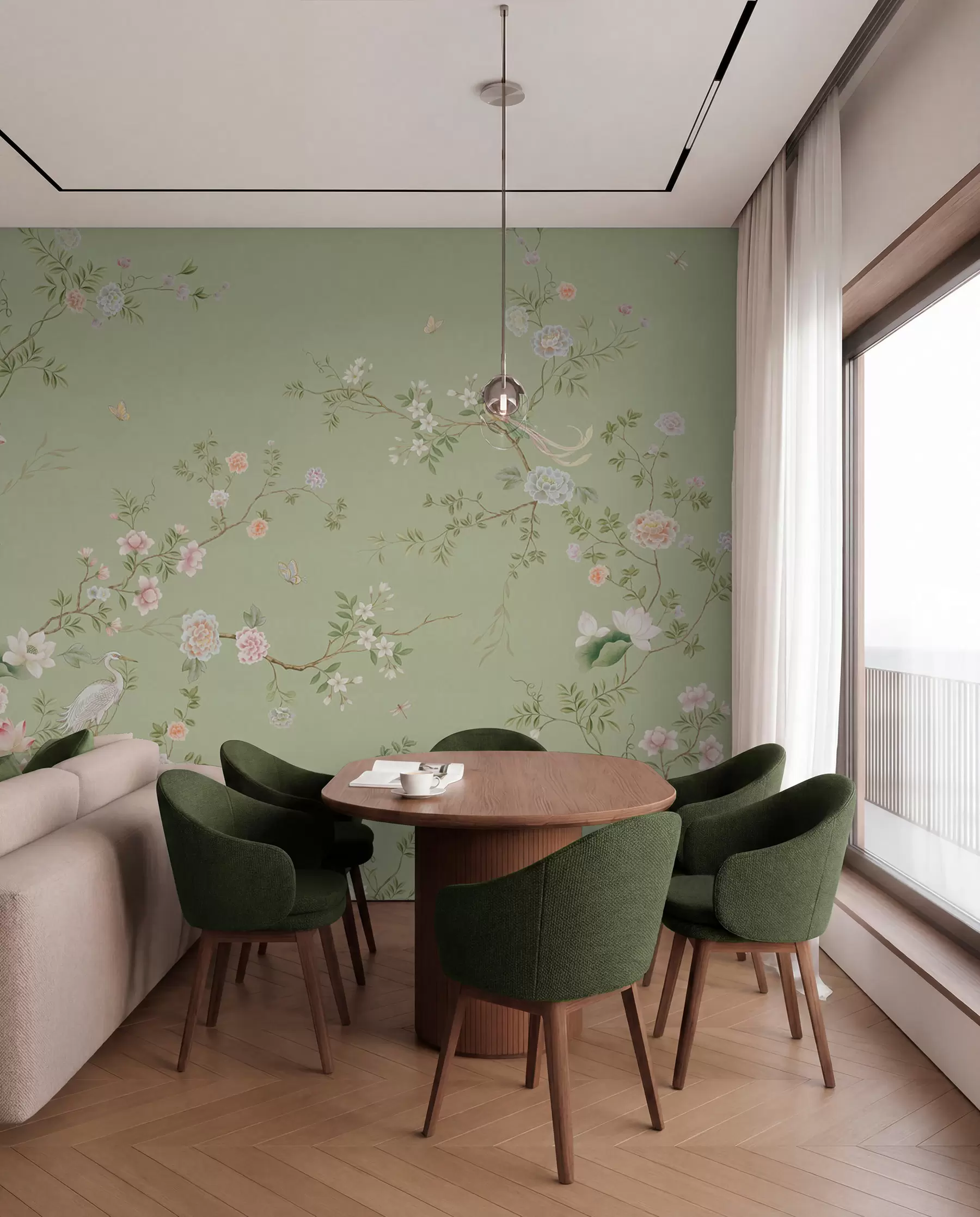 murales de pared Ramas en flor con pájaros sobre un fondo verde claro w05416