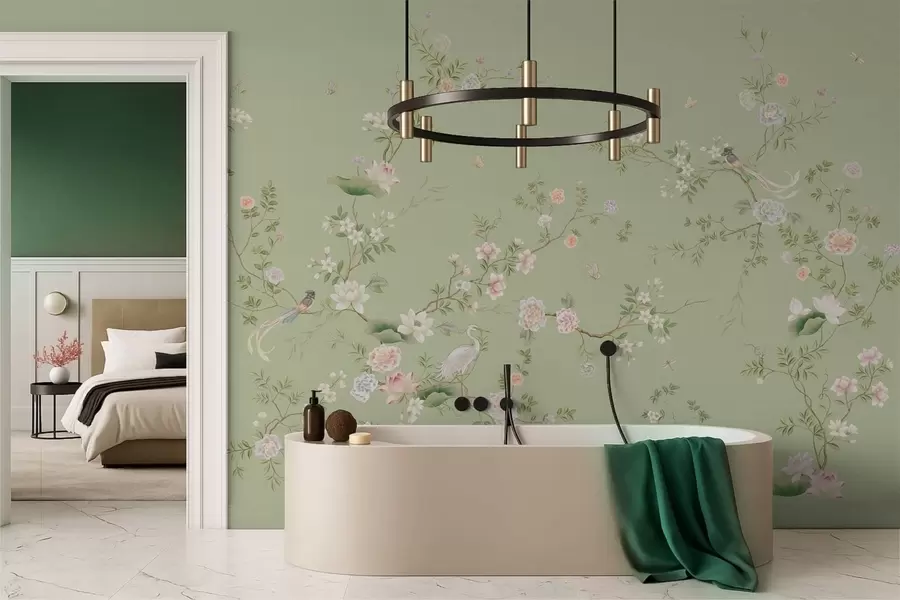 murales de pared Ramas en flor con pájaros sobre un fondo verde claro w05416