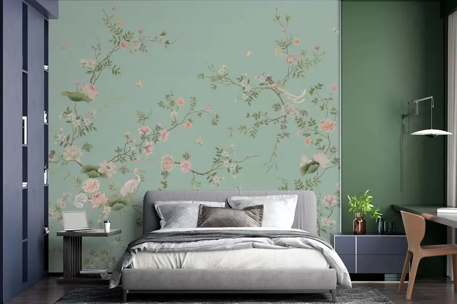 murales de pared Ramas en flor con pájaros sobre fondo azul w05416v1