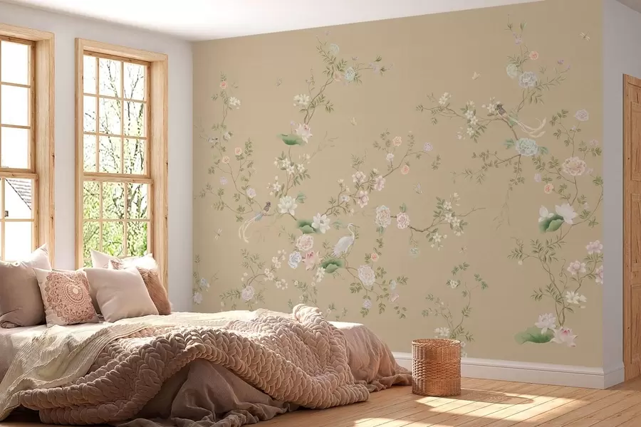 murales de pared Ramas en flor con pájaros sobre un fondo beige cálido w05416v2