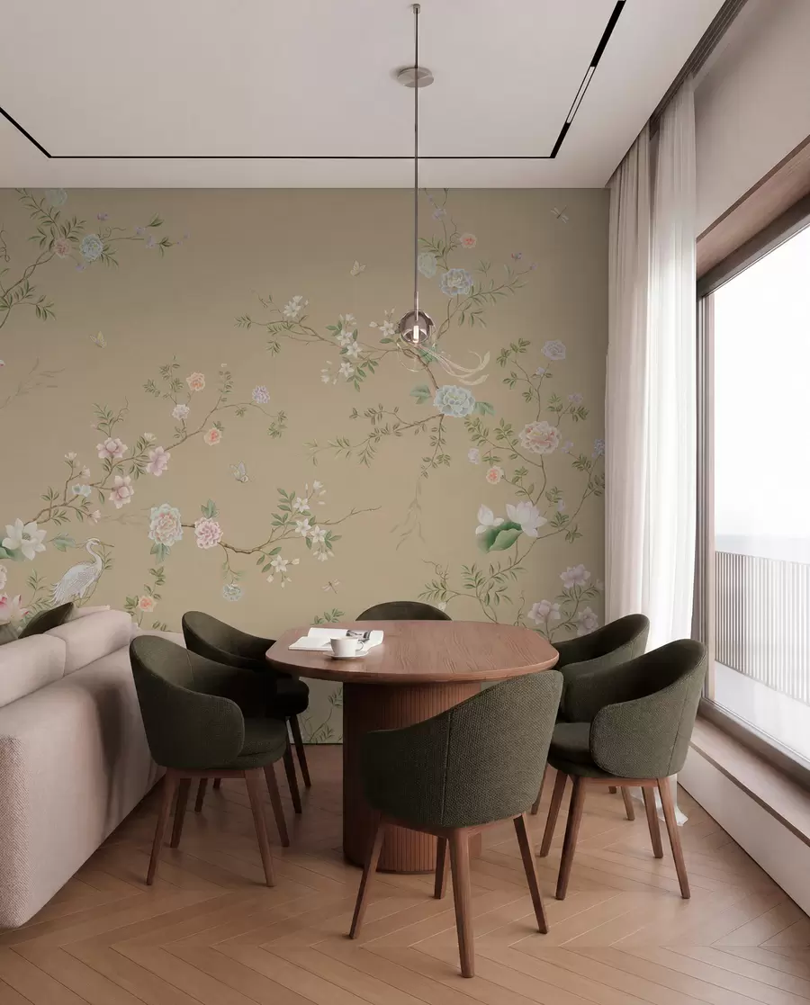 murales de pared Ramas en flor con pájaros sobre un fondo beige cálido w05416v2
