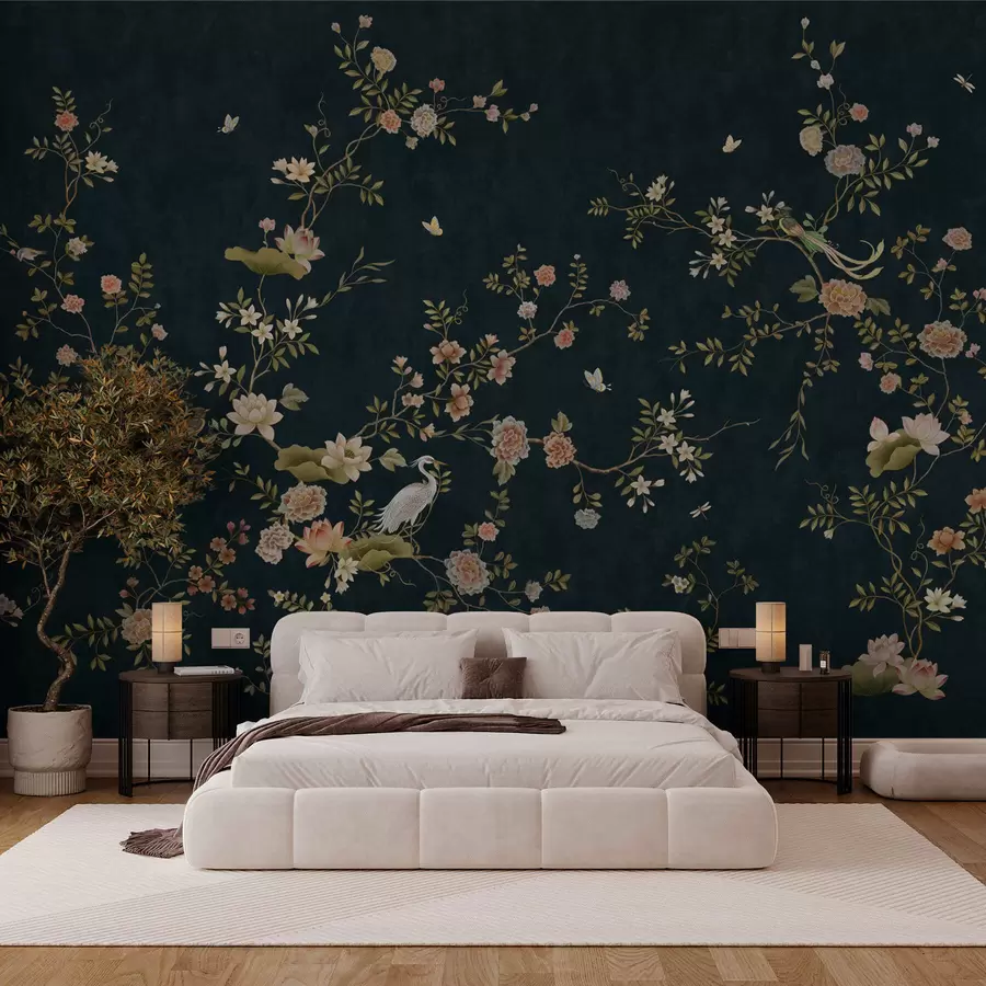murales de pared Ramas en flor con pájaros sobre fondo oscuro w05416v3