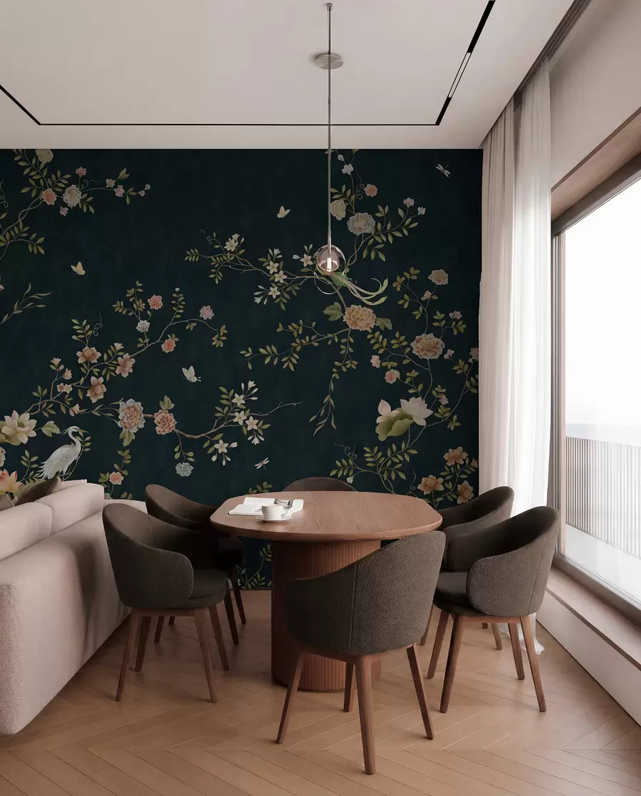 murales de pared Ramas en flor con pájaros sobre fondo oscuro w05416v3