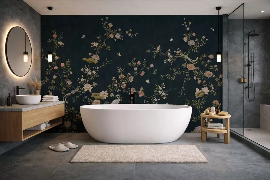murales de pared Ramas en flor con pájaros sobre fondo oscuro w05416v3