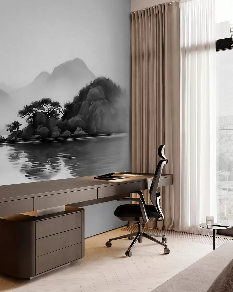 murales de pared Paisaje en blanco y negro con montañas y un lago envueltos en una suave niebla w09803