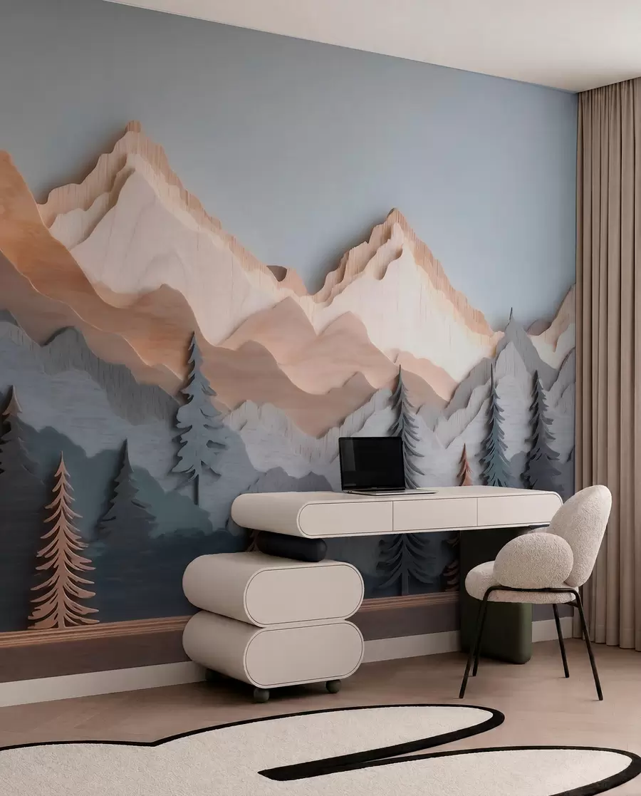 murales de pared Paisaje natural con pinos y montañas, en estilo de madera tallada w09793