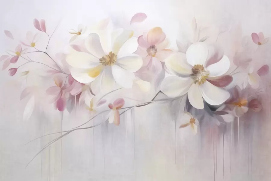 murales de pared Arte texturizado con flores blancas y rosas de pétalos delicados, fondo abstracto y suave w09811