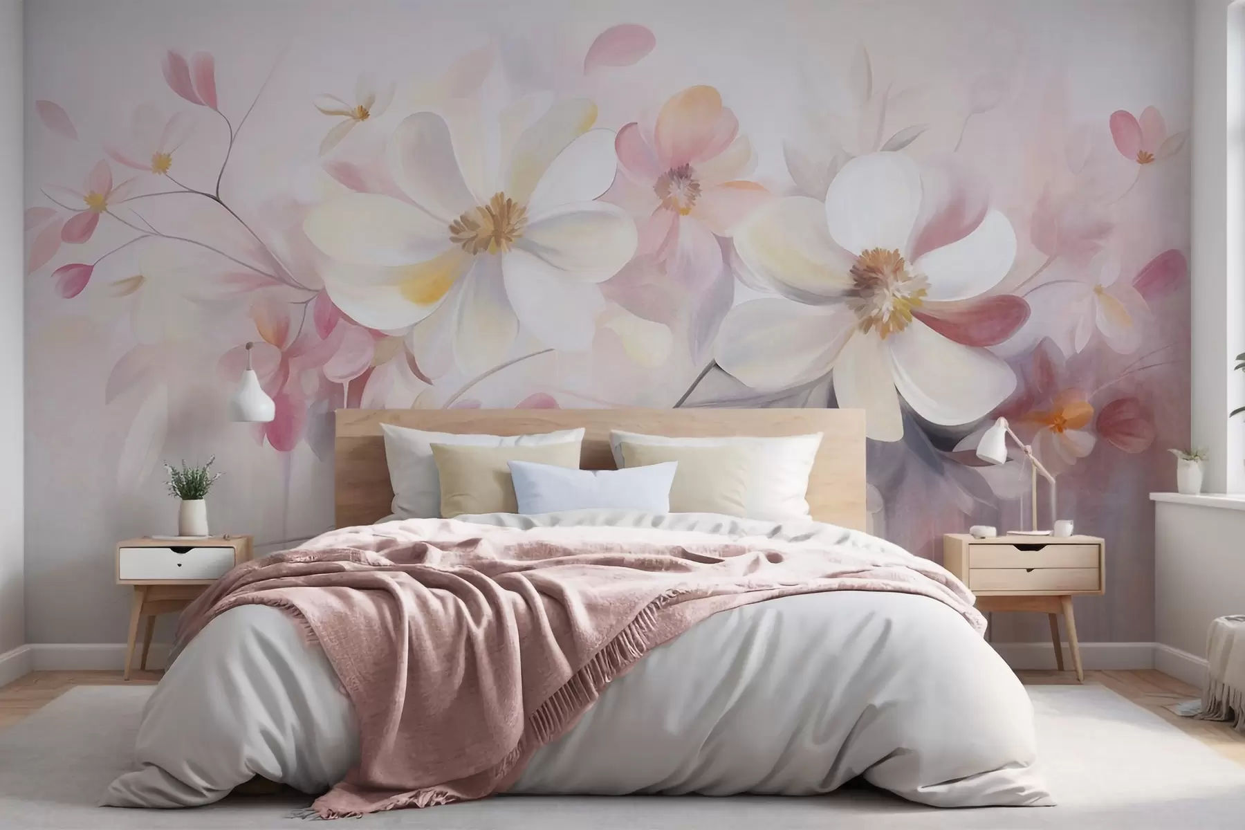 murales de pared Arte texturizado con flores blancas y rosas de pétalos delicados, fondo abstracto y suave w09811