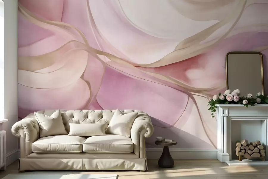 murales de pared Formas fluidas con texturas abstractas en tonos rosa y beige, con delicadas líneas amarillas w09818