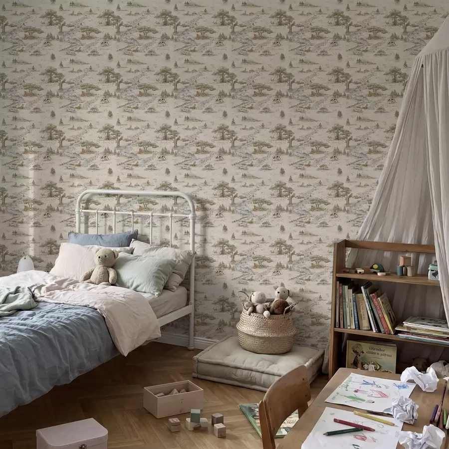 murales de pared Ilustración de la naturaleza con animales y un río a01157