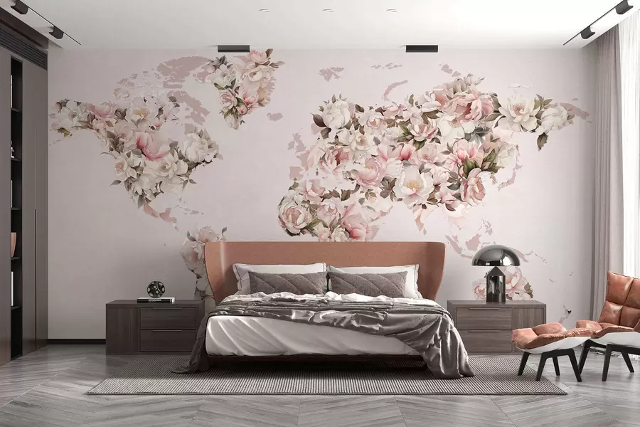 murales de pared Un mapamundi rosa compuesto por grandes peonías blancas y rosas c00005