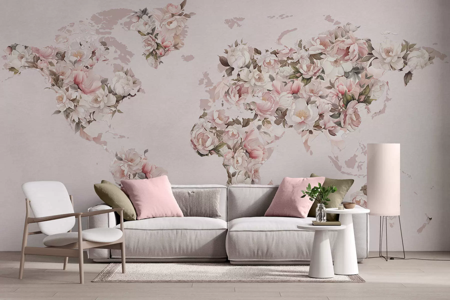 murales de pared Un mapamundi rosa compuesto por grandes peonías blancas y rosas c00005