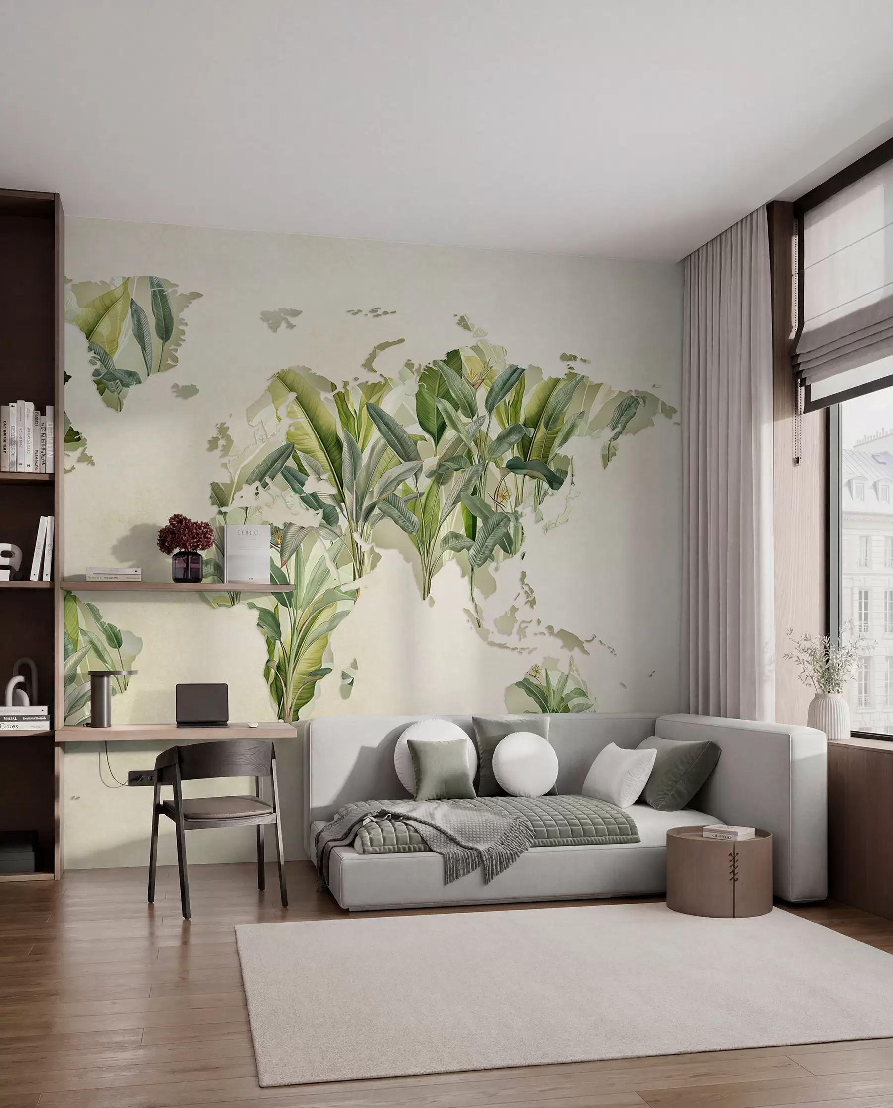 murales de pared Un mapa verde del mundo hecho con hojas de plátano c00007