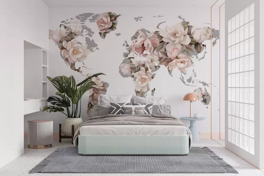 murales de pared Un delicado y cremoso mapamundi hecho con flores c00008