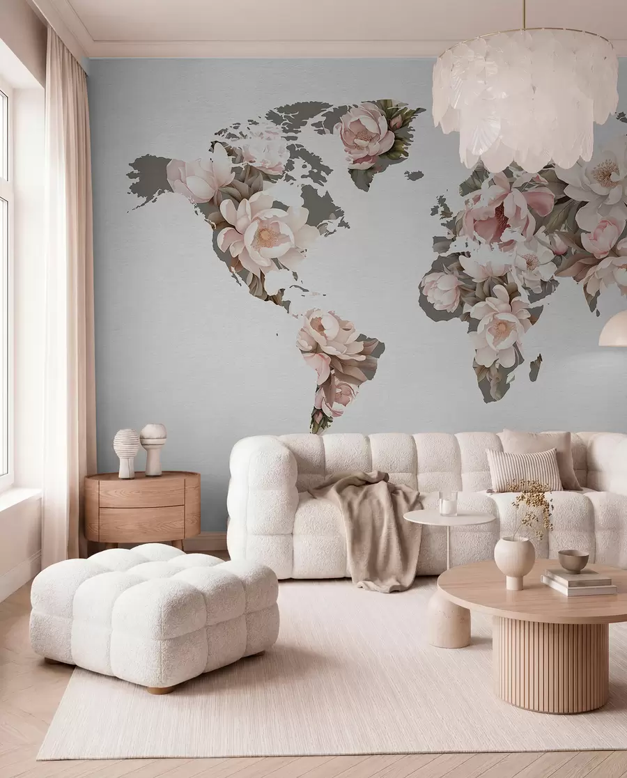 murales de pared Un delicado y cremoso mapamundi hecho con flores c00008
