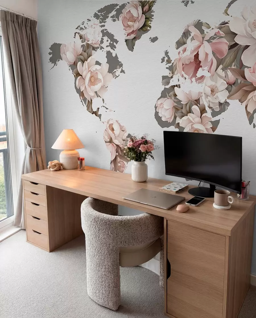 murales de pared Un delicado y cremoso mapamundi hecho con flores c00008