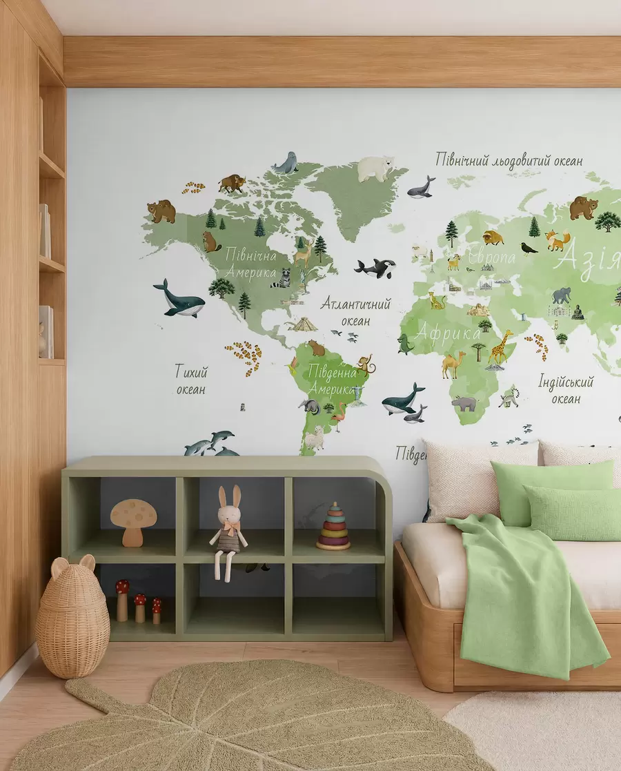 murales de pared Un mapa de Green en estilo acuarela con animales, plantas y arquitectura. Etiquetas en ucraniano c00009ukv2