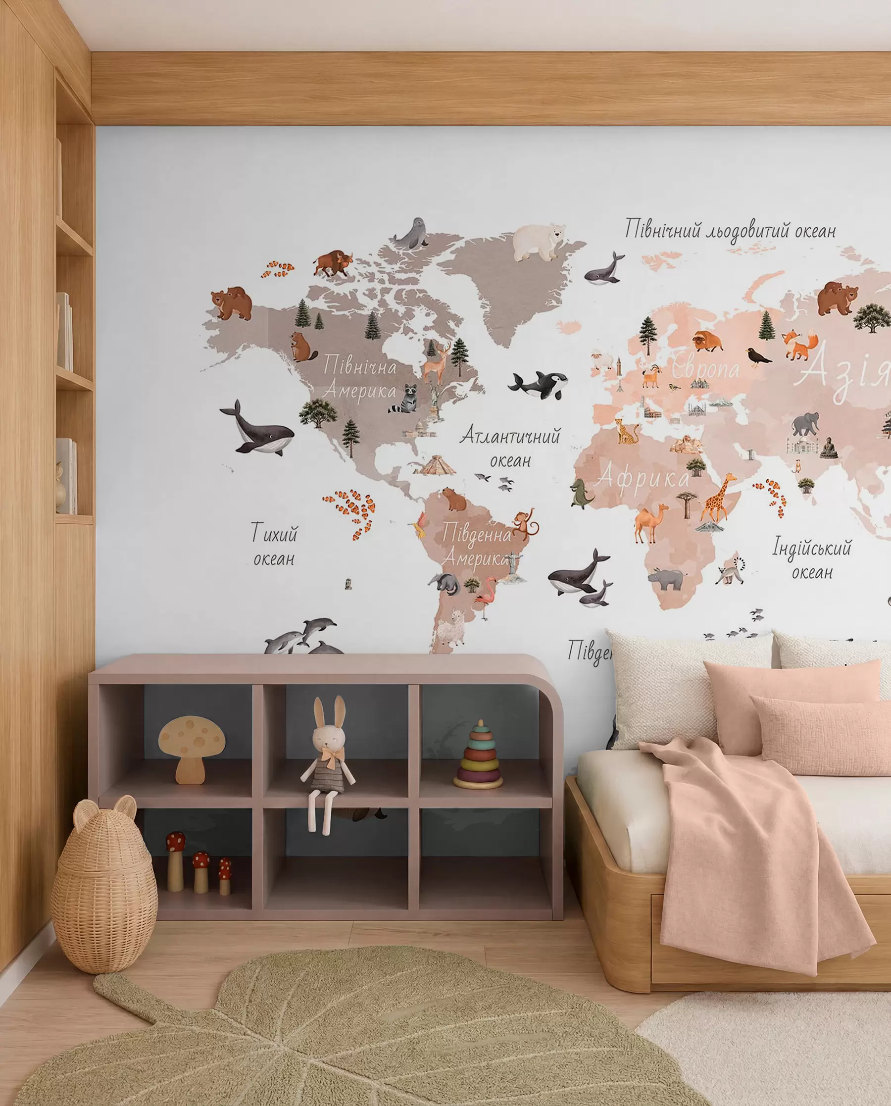 murales de pared Un mapa en tonos beige, con un estilo de acuarela, en el que aparecen animales, plantas y elementos arquitectónicos. Rótulos en ucraniano. c00009ukv3