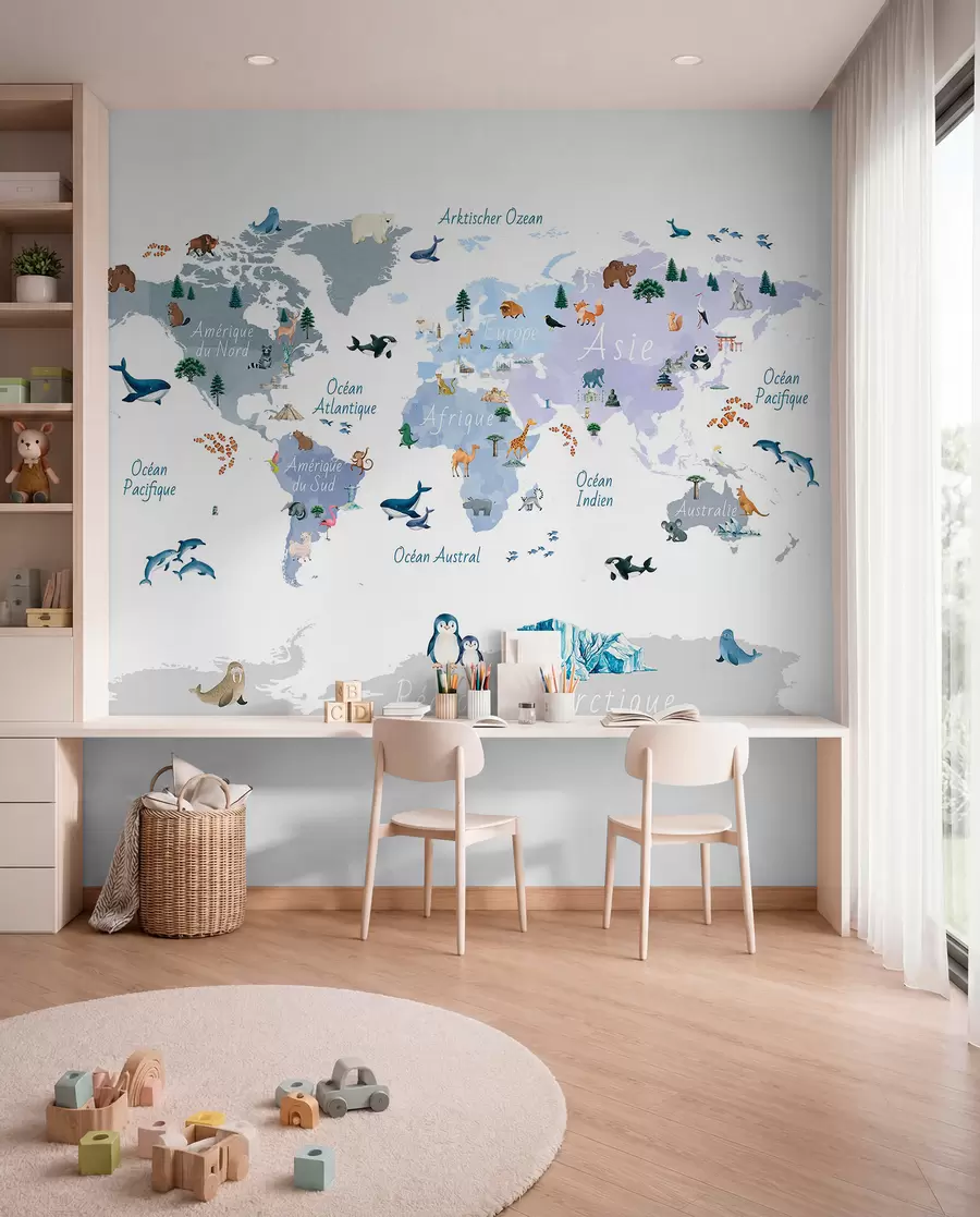 murales de pared Un mapa azul de estilo acuarela en el que aparecen animales, plantas y elementos arquitectónicos. Rótulos en francés c00009frv1