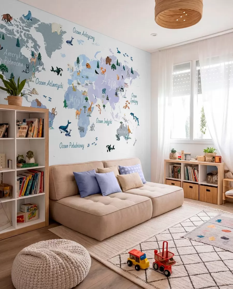 murales de pared Un mapa azul de estilo acuarela en el que aparecen animales, plantas y elementos arquitectónicos. Rótulos en polaco c00009plv1