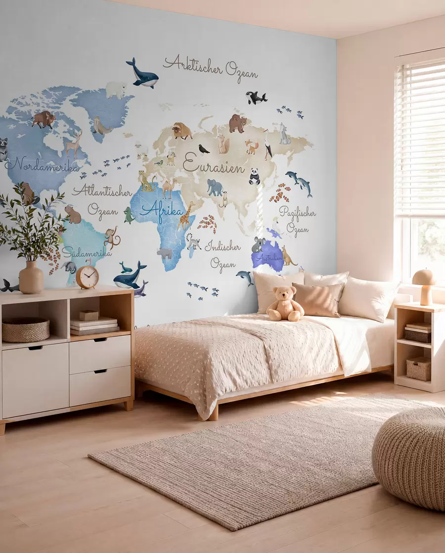 murales de pared Un mapa azul de estilo acuarela con animales. Etiquetas en alemán c00012dev1