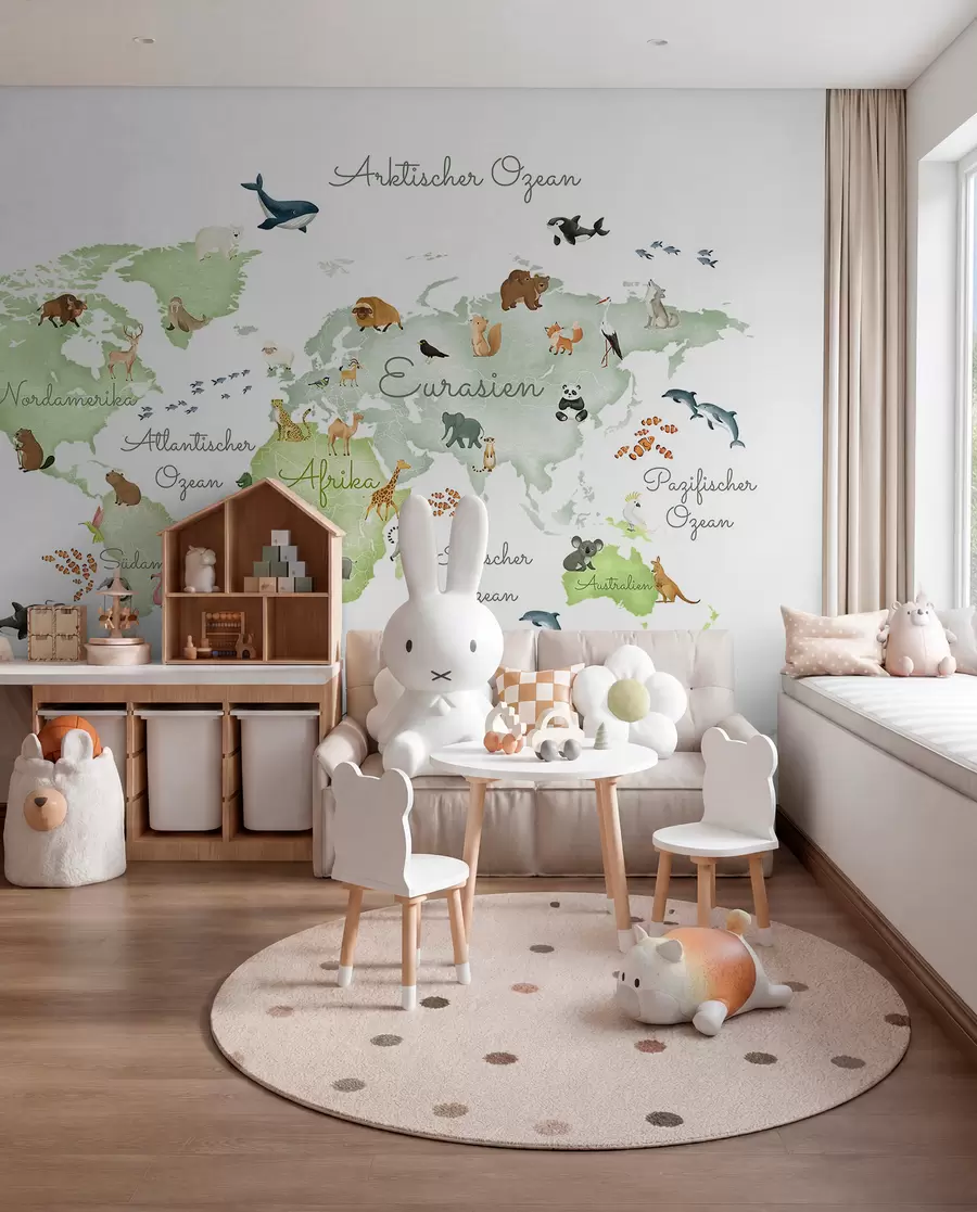 murales de pared Un mapa verde con estilo de acuarela en el que aparecen animales. Etiquetas en alemán c00012dev2