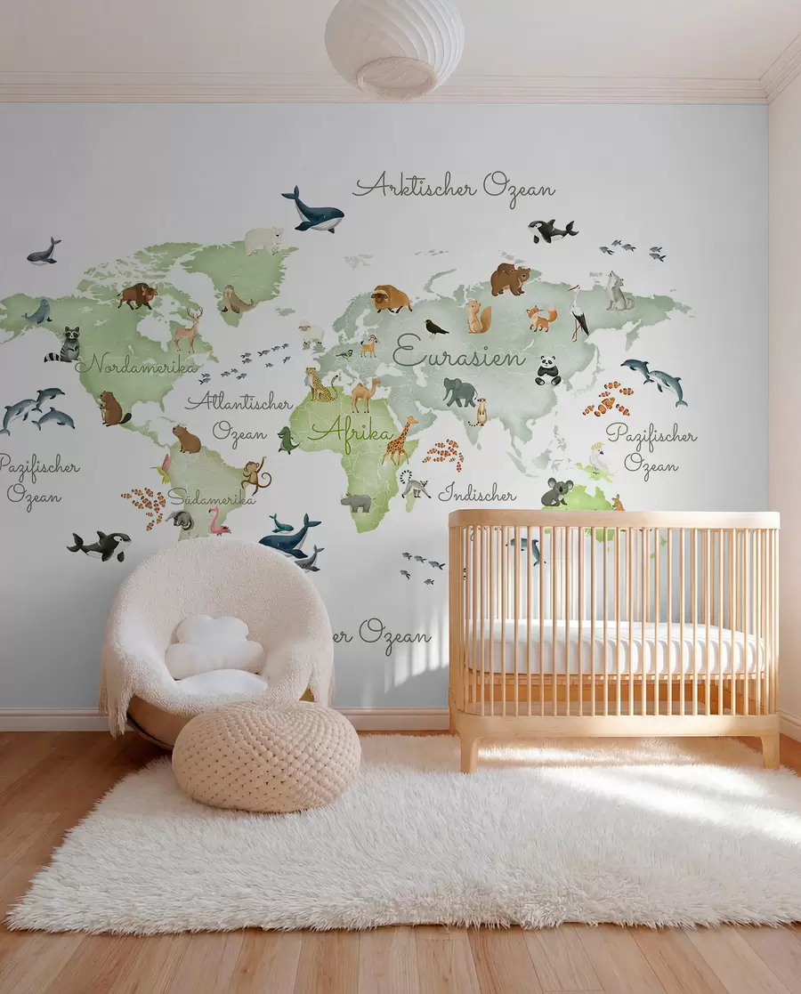murales de pared Un mapa verde con estilo de acuarela en el que aparecen animales. Etiquetas en alemán c00012dev2