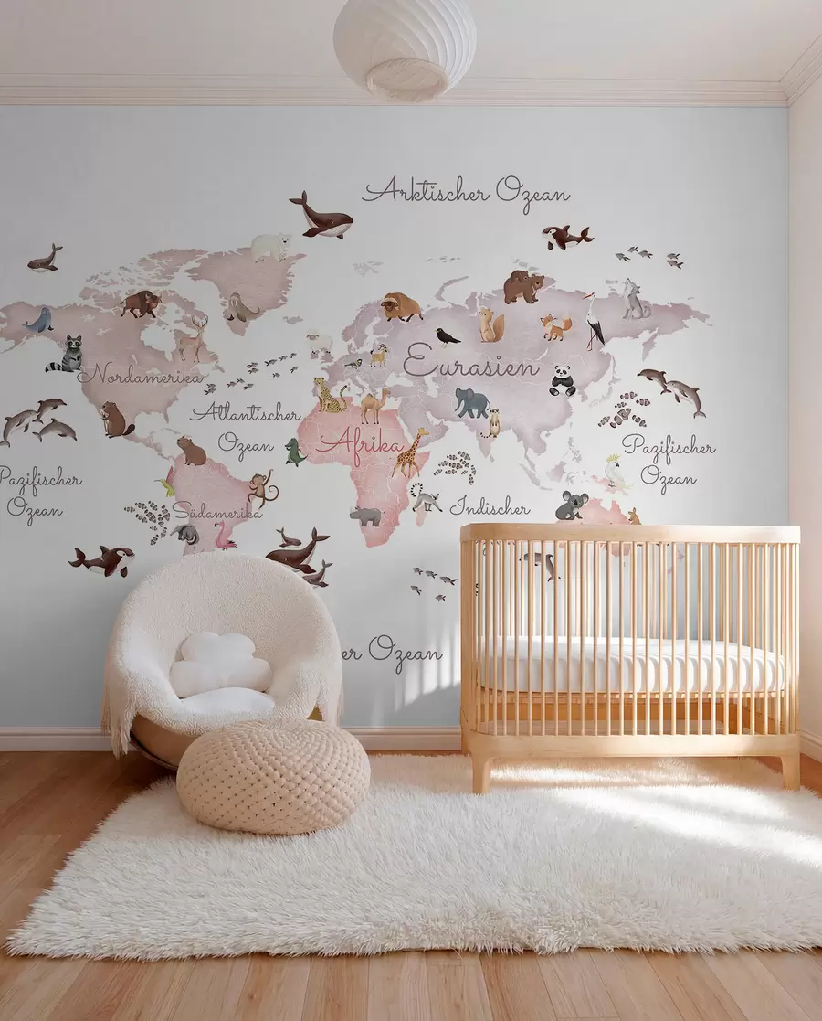 murales de pared Un mapa en tonos beige, con un estilo de acuarela, en el que aparecen animales. Rótulos en alemán c00012dev3