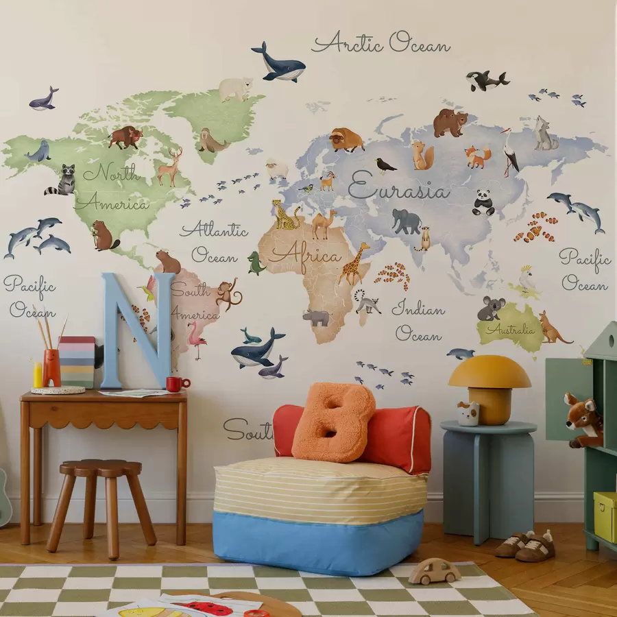 murales de pared Un mapa a color con estilo de acuarela en el que aparecen animales. Etiquetas en inglés c00012en