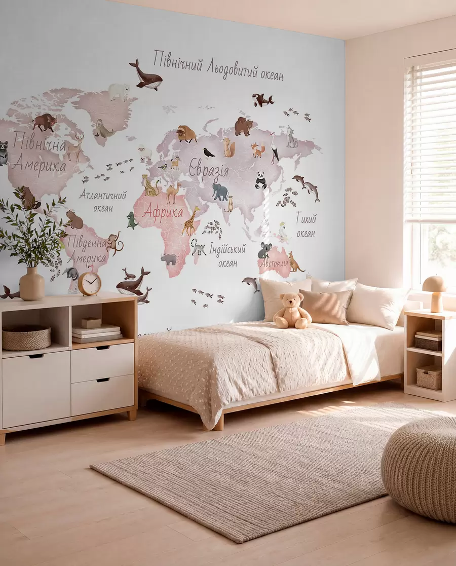 murales de pared Un mapa en tonos beige, con un estilo de acuarela, en el que aparecen animales. Rótulos en ucraniano c00012ukv3