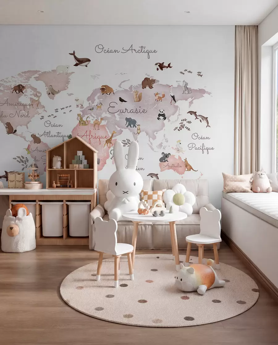 murales de pared Un mapa en tonos beige, con un estilo de acuarela, en el que aparecen animales. Rótulos en francés c00012frv3