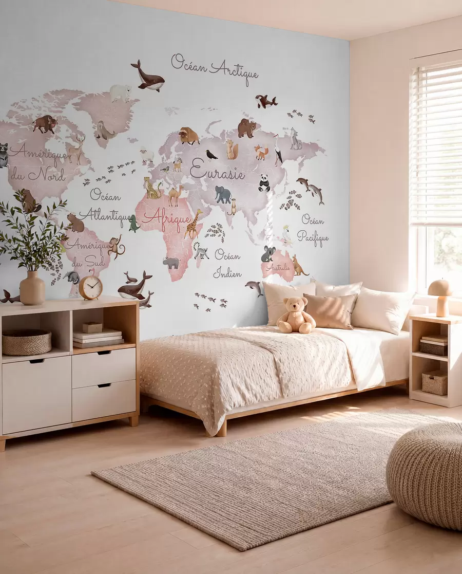 murales de pared Un mapa en tonos beige, con un estilo de acuarela, en el que aparecen animales. Rótulos en francés c00012frv3