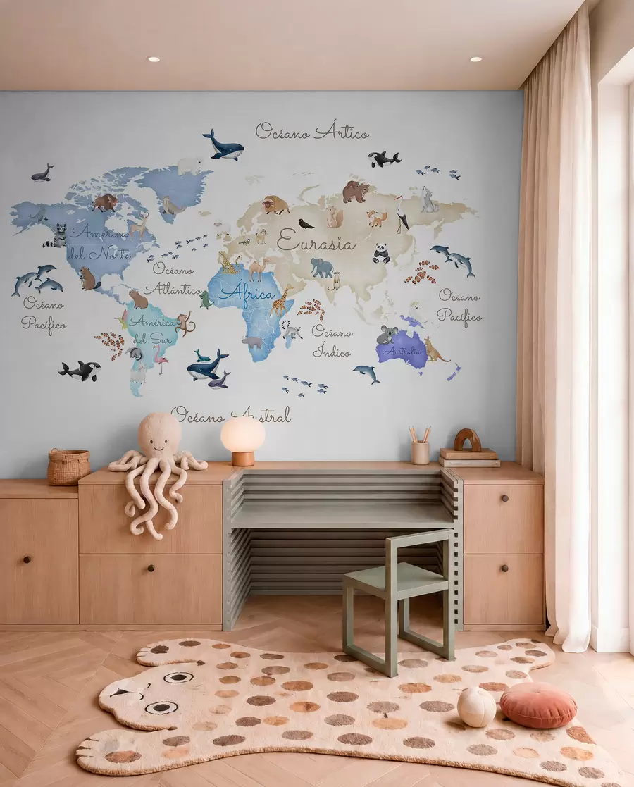 murales de pared Un mapa azul con estilo de acuarela en el que aparecen animales. Etiquetas en español c00012esv1