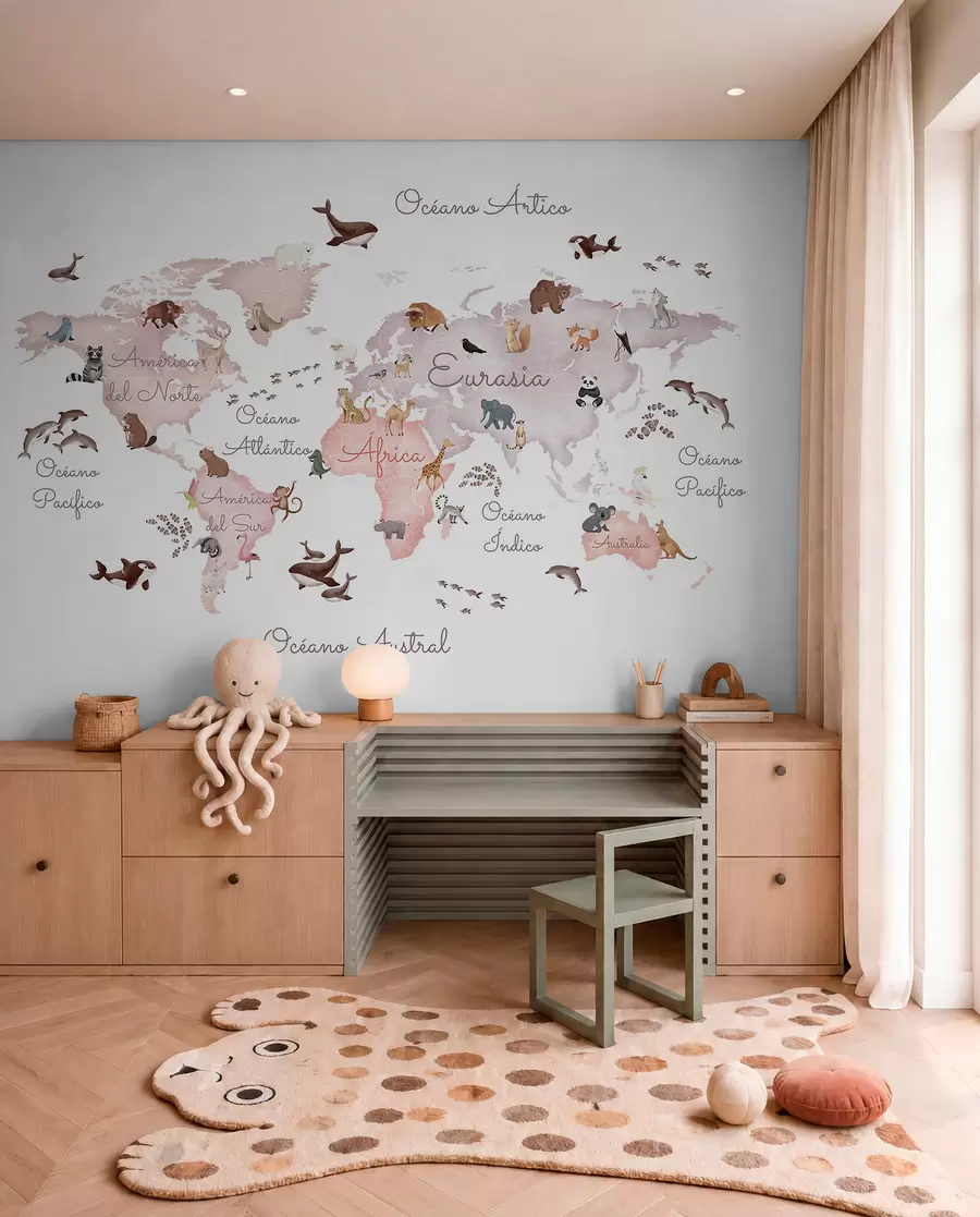 murales de pared Un mapa en tonos beige, con un estilo de acuarela, en el que aparecen animales. Rótulos en español c00012esv3