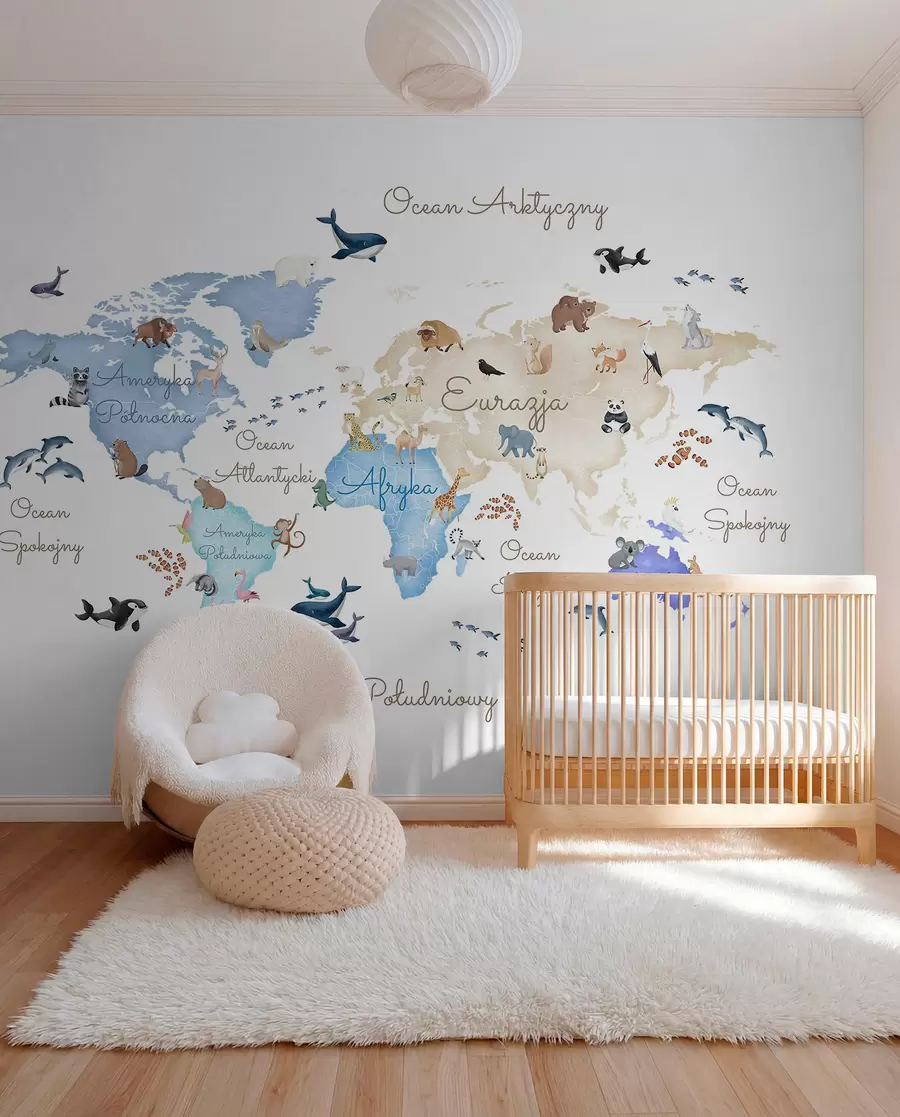 murales de pared Un mapa azul con estilo de acuarela en el que aparecen animales. Etiquetas en polaco c00012plv1