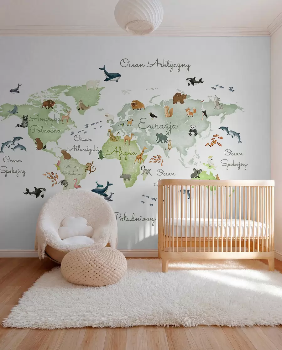 murales de pared Un mapa verde con estilo de acuarela en el que aparecen animales. Rótulos en polaco c00012plv2
