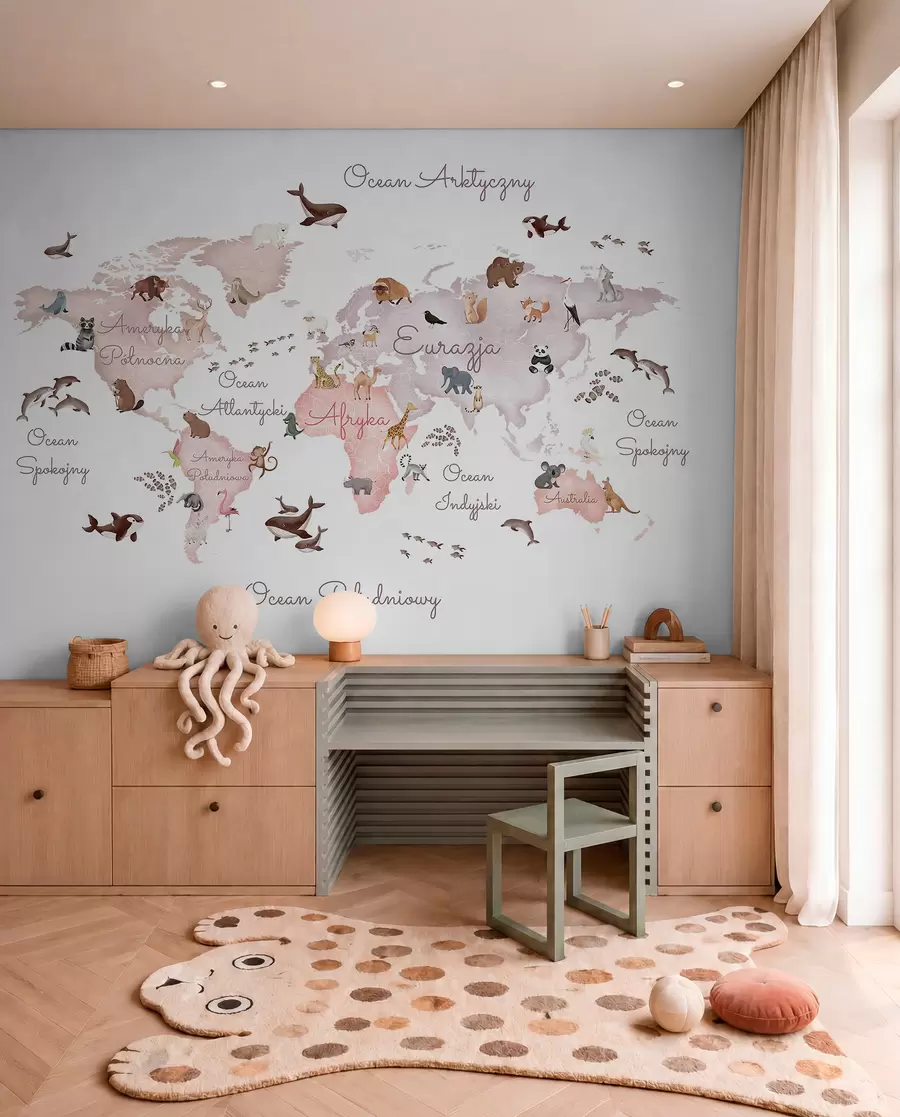 murales de pared Un mapa en tonos beige, con un estilo de acuarela, en el que aparecen animales. Rótulos en polaco c00012plv3