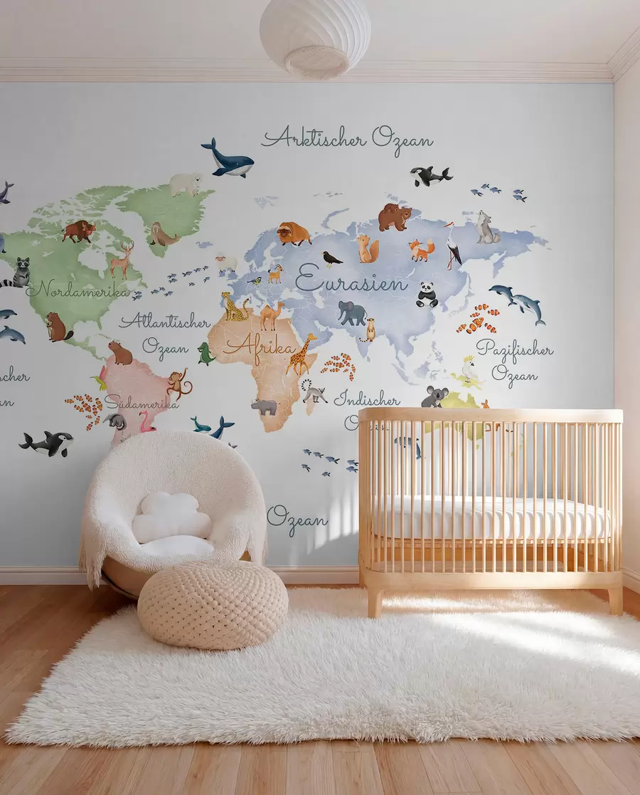 murales de pared Un mapa de White en estilo acuarela con animales. Etiquetas en alemán c00012de