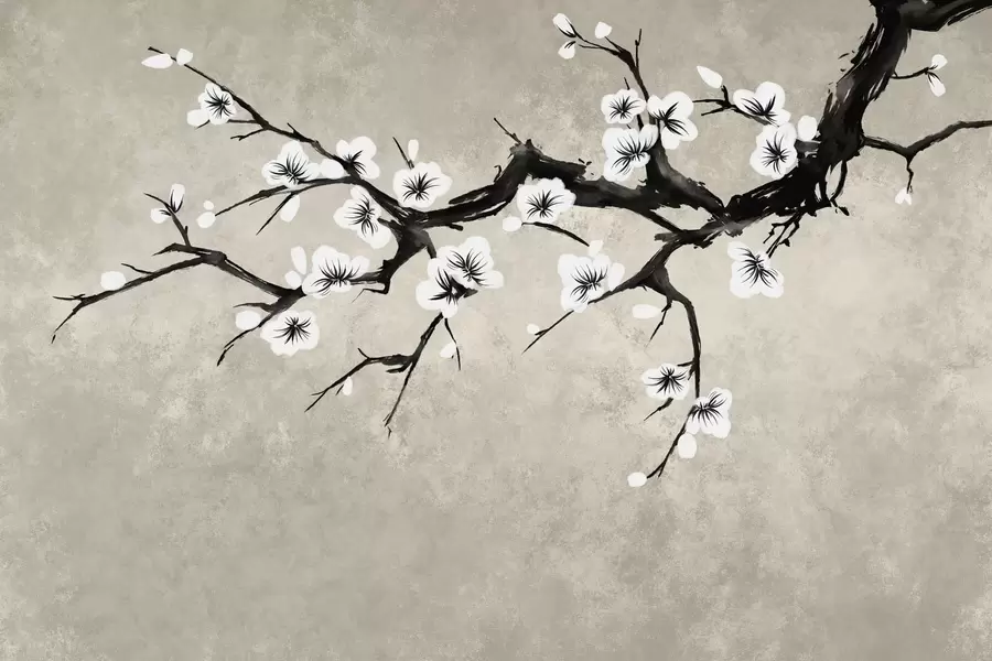 murales de pared Rama con flores blancas en estilo minimalista w05425