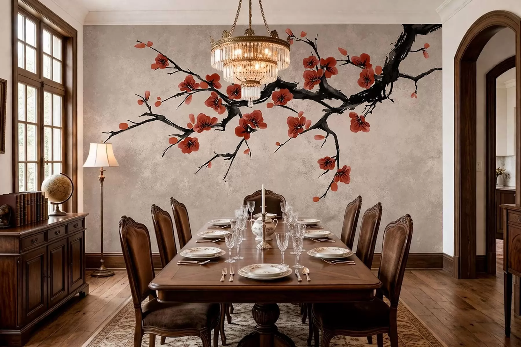 murales de pared Rama con flores de estilo oriental sobre fondo beige w05425v4